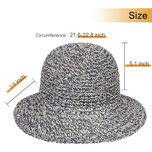 sy soul young Women's Straw Sunhat Wide Brim Hand Woven Beach Bucket Hat - color: Beige & Blue
