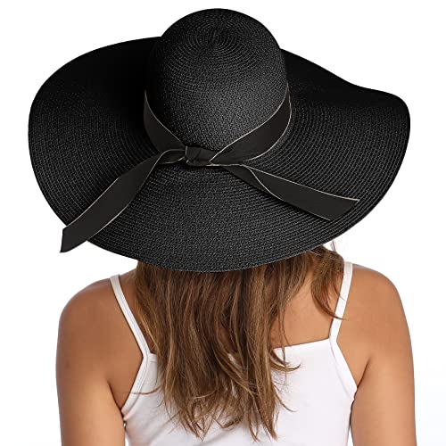 Lanzom Womens Wide Brim Straw Hat Big Floppy Foldable Roll up Cap Beach Sun Hat UPF 50+ - color: Bowknot-black