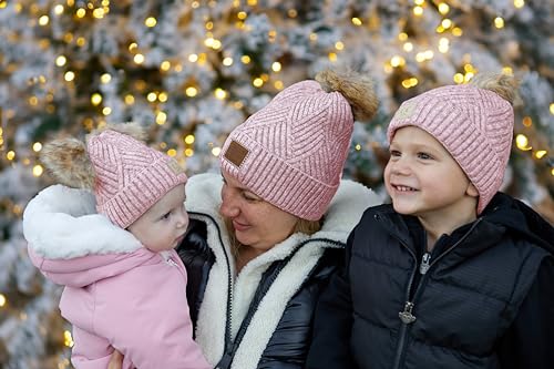 Funky Junque Mommy & Me Double Pom Beanies 3-Pack Matching Winter Hats for Mom, Toddler & Infant Girls, Cozy Knit Family Set - color: Adult/Toddler (Single Pom)/Infant (Double Pom) - Diagonal Stripes - Rose (3 Pack)