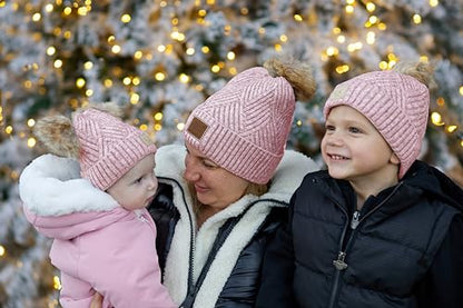 Funky Junque Mommy & Me Double Pom Beanies 3-Pack Matching Winter Hats for Mom, Toddler & Infant Girls, Cozy Knit Family Set - color: Adult/Toddler (Single Pom)/Infant (Double Pom) - Diagonal Stripes - Rose (3 Pack)