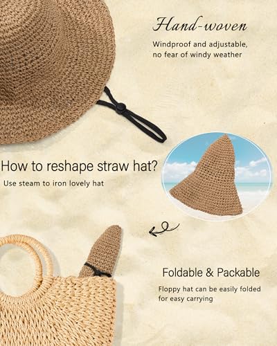 Sun Hats for Women, Summer Beach Straw Wide Brim Bucket Hat - color: Light Khaki, size: Large