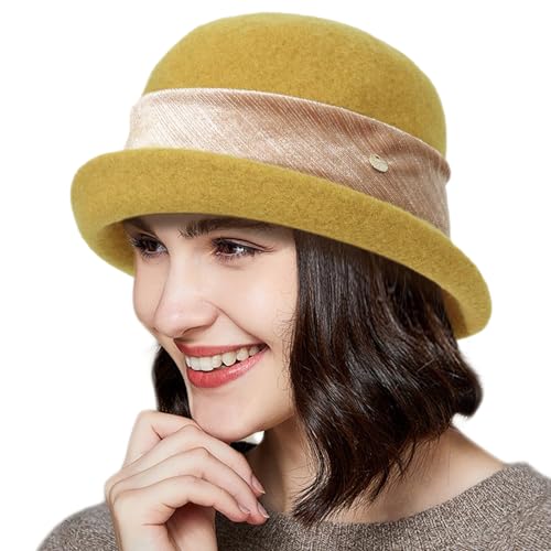 Women Vintage Cloche Bucket Hat Elegant 1920s Wool Fedora Church Derby Party Winter Packable Hats - color: Yellow