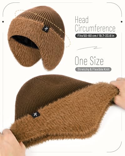 HAMUNI Winter Fleece-Lined Beanie with Earflaps, Warm Windproof Unisex Beanie Hat for Skiing, Hiking & Outdoor Winter Sports - color: Roasted Almonds