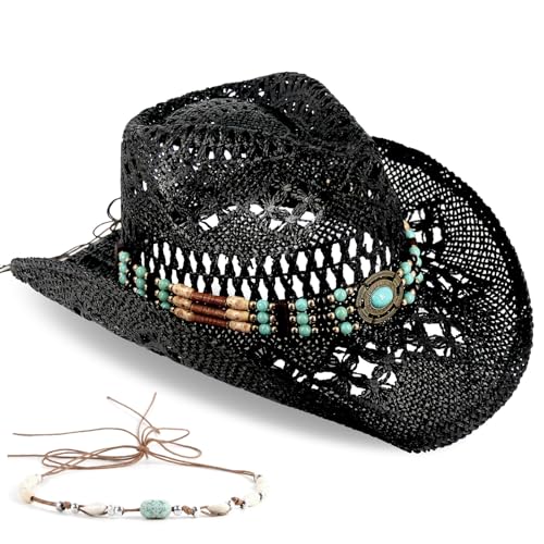 Foeran Men's Women's Straw Cowboy Hat Cowgirl Woven Sun Hat Western Cowboy Hat Two Decorative Bands - color: Black-turquoise