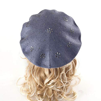LADYBRO Rhinestone Beret Hats for Women 2 Layers Wool Knit Cap Lady Winter - color: Blue (Floral Pattern)