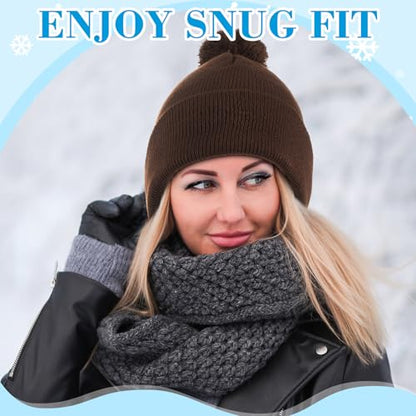 Geyoga 2 Pcs Pom Beanie Hat Men Women Winter Hat Pom Knit Cap Beanies with Ball at Top Acrylic Winter Cap with Cuff - color: Coffee, Dark Green, style: Classical