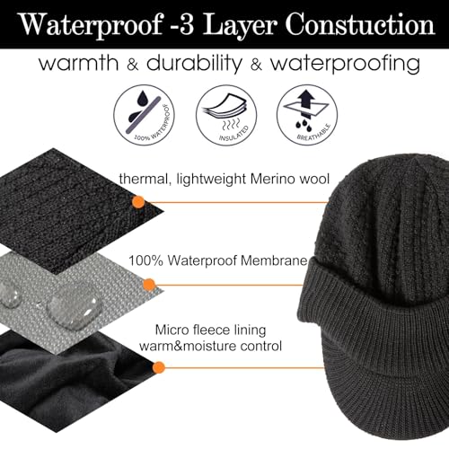TOP-EX DryKnit™ 50% Merino Wool Waterproof Brim Beanie, Polartec™ Lined - color: Updated Black (Waterproof), size: Medium-Large