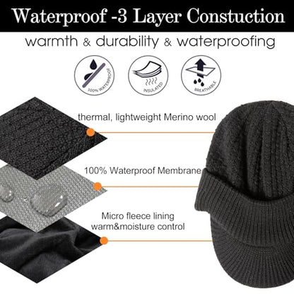 TOP-EX DryKnit™ 50% Merino Wool Waterproof Brim Beanie, Polartec™ Lined - color: Updated Black (Waterproof), size: Medium-Large