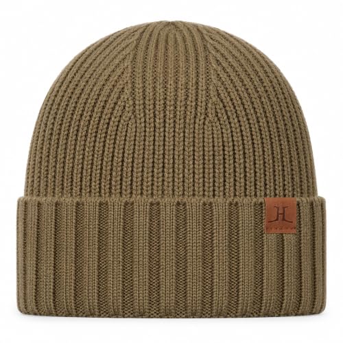 Winter Beanies Hats for Men, Knit Fleece Beanie Skull Caps, Mens Toboggans Ribbed Cuffed Stocking Hat - color: Olive