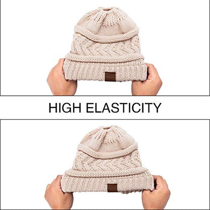 Rosoz 2 Pack Ponytail Beanie for Women,Winter Warm Beanie Tail Soft Stretch Cable Knit Messy High Bun Hat - color: 1pack-beige