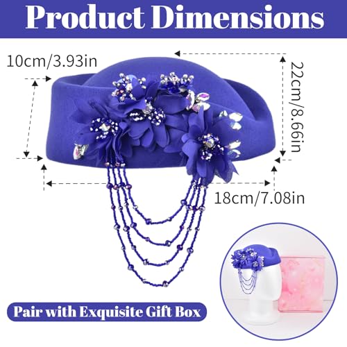 ASO OKE Beret Hats for Women British Felt hat Women's Church Derby with Tassel decorationhat Suitable for Wedding Parties - color: Royal Blue
