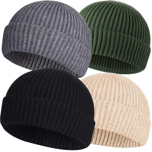 ROYBENS Wool Fisherman Beanies for Men Knit Short Watch Cap Winter Warm Hat - color: 4pcs-black, Gray, Army Green, Apricot
