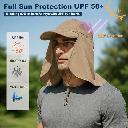 Surblue Baseball Sun Cap with Removable Neck Flap and Face Mask UPF 50+ - color: Khaki, size: Medium