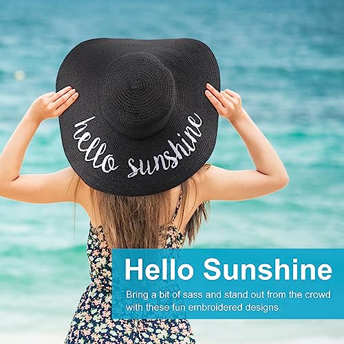 DRESHOW Big Straw Sun Hats for Women Floppy Foldable Roll up Beach Cap Sun Hat UPF 50+ Vacation Honeymoon Embroidered Hat - color: Ae Hello Sunshine A: Black