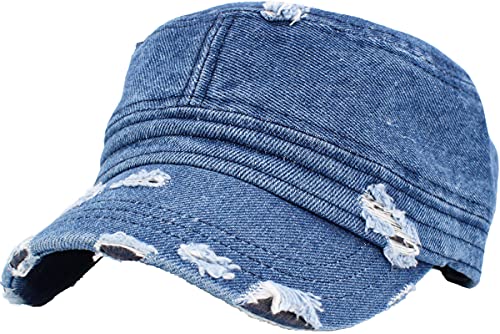 Vintage Distressed Cadet Army Cap Basic Everyday Military Style Hat - color: Medium Denim Vintage Distressed