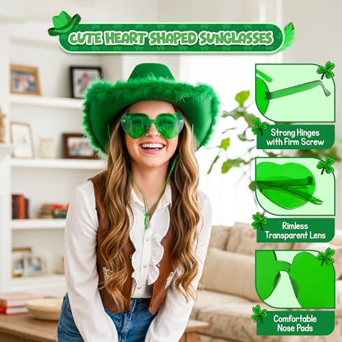 4E's Novelty Cowboy Hat with feathers With Heart Shaped Sunglasses for Women, Felt Cowgirl Hat for Party Costume Dress Up - color: Green