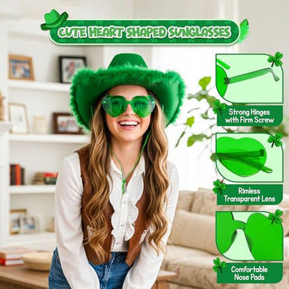 4E's Novelty Cowboy Hat with feathers With Heart Shaped Sunglasses for Women, Felt Cowgirl Hat for Party Costume Dress Up - color: Green