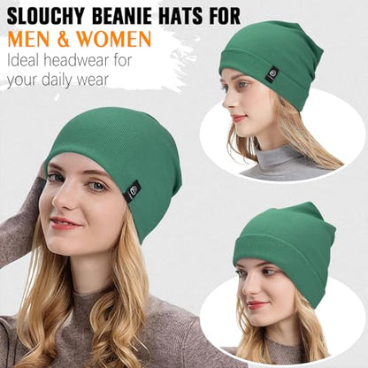 YANIKY Slouchy Beanie for Women, Mens Soft Cotton Beanie Hat, Double Layer Windproof Skull Cap for All Seasons - color: Dark Green