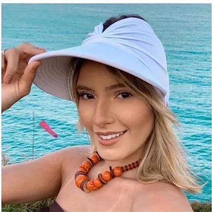 Sun Hat Women Beach Visor Cap UV Protection with Wide Brim Packable Summer Sport Ponytail Sun Cap - color: White
