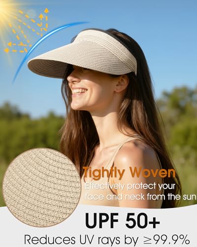 Sun Visor Hats for Women, Summer Straw Beach Ponytail Hat - color: Dark Beige