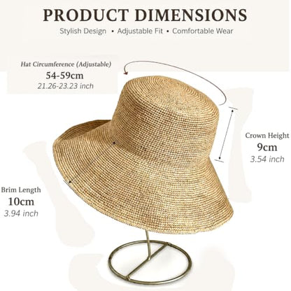 Women's Raffia Straw Bucket Hat Sun Beach Hat Woven Handmade Foldable Summer Travel Cap - color: Raffia ( Brim3.9“)
