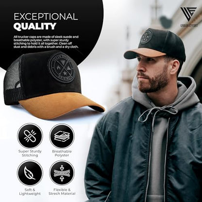 Urban Effort Trucker Hat for Men & Women, Mesh Back Baseball Cap, 5 Panel - color: Black + Brown, style: Mesh Back