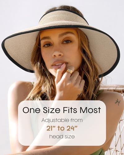 FURTALK Sun Hats for Women Wide Brim Ponytail Straw Visor Foldable Beach - color: Khaki+black