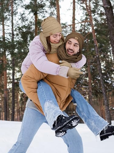 LOROME Winter Beanie Hat Scarf Gloves, Warm Fleece Knit Neck Scarf Set Gift - color: Khaki