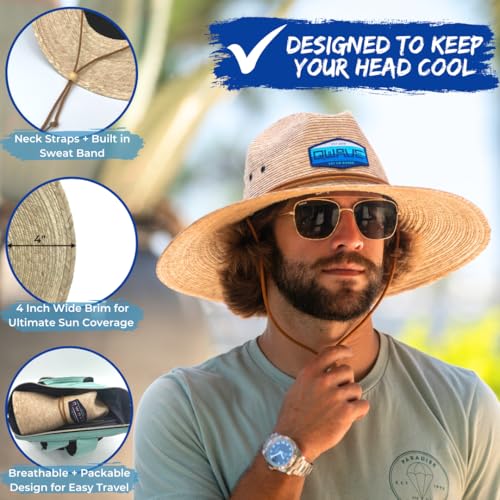 Qwave Packable Stone-Washed Straw Lifeguard Hat for Men and Women - Beach Straw Hat Protects from Summer Sun - color: Gnarly Navy