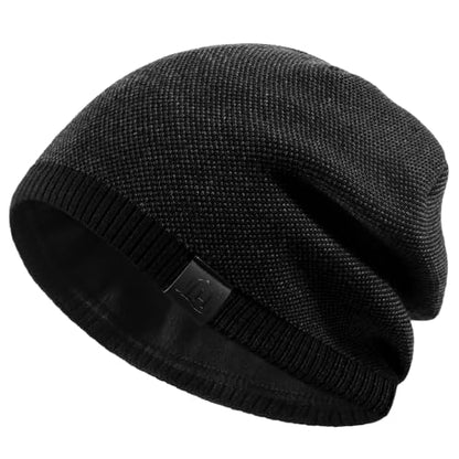 Fleece Lined Mens Beanie Scarf Set Thick Knit Winter Hat Neck Warmer Unisex - color: Black