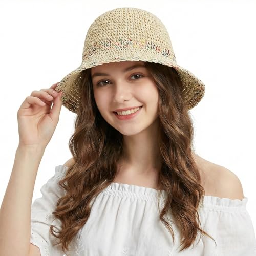 Womens Little Girls Summer Crochet Straw Bucket Hat Colorful Floppy Sun Shade Boonie Cap Wide Brim Beach Vacation Sun Hat - color: Beige, size: 2-5T