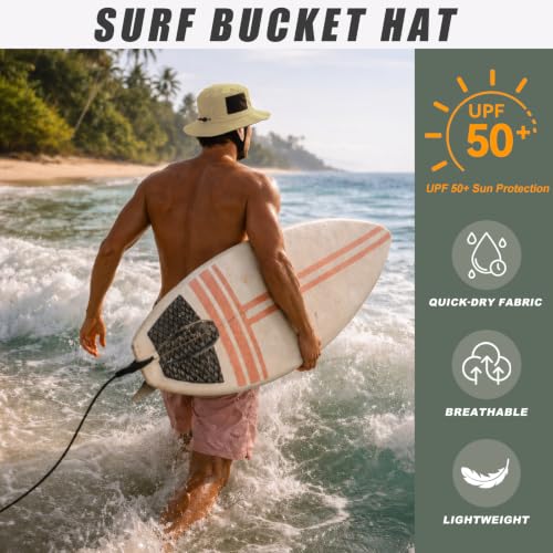 Surblue Surf Bucket Hat with Widened Chin Straps UPF 50+ Windproof Sun Hat Adjustable Packable Cap for Water Sports Surfing - color: Khaki