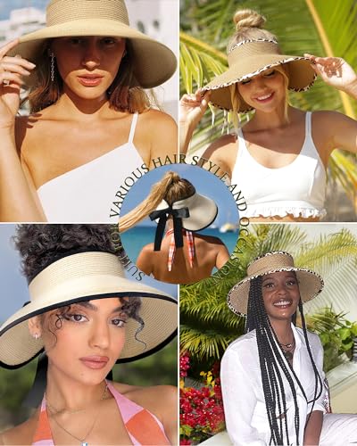 Camptrace Women's Straw Sun Visor Hat UPF Wide Shade Ponytail Summer Hat - color: Black