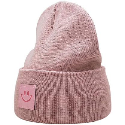 55cube Unisex Knit Cuffed Beanie Hats Warm Winter Caps with Leather Logos - color: Baby Pink