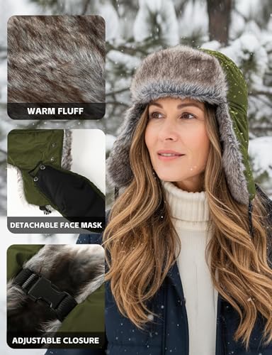 Buauty Fur Trapper Hat for Men Women Winter Windproof Soft Russian Ushanka Hats with Warm Ear Flaps & Removable Mask - color: Army Green