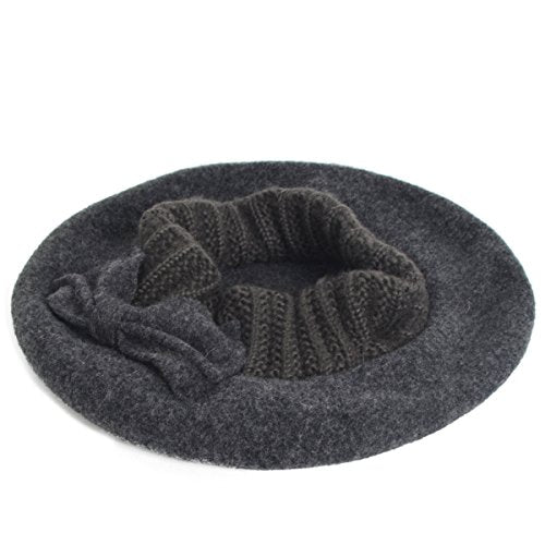 VECRY Lady French Beret 100% Wool Beret Floral Dress Beanie Winter Hat - color: Bow-grey