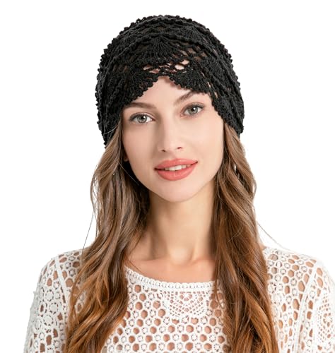 ZLYC Women Cotton Crochet Slouchy Beanie Hat Handmade Knit Summer Skull Cap - color: Knitted Black