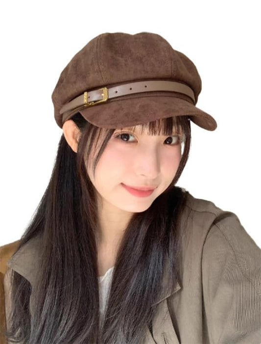 Vintage Newsboy Hats Winter Suede Caps Women's Octagonal Hat Fashion Gatsby Cabbie Baker Visor Beret Hat - color: A-brown