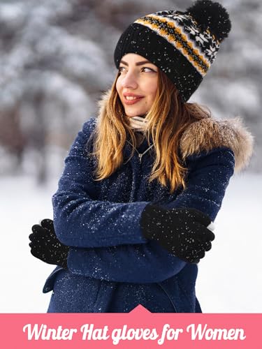 JaGely 6 Pcs Women Winter Beanie Hat Gloves Set Warm Knitted Hats and Touchscreen Gloves Lady Cold Winter Gifts for Christmas - color: Khaki, Grey and Black