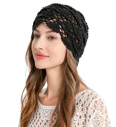 ZLYC Women Cotton Crochet Slouchy Beanie Hat Handmade Knit Summer Skull Cap - color: Knitted Black