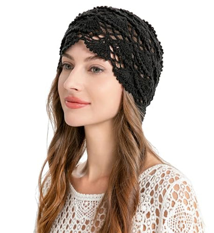 ZLYC Women Cotton Crochet Slouchy Beanie Hat Handmade Knit Summer Skull Cap - color: Knitted Black