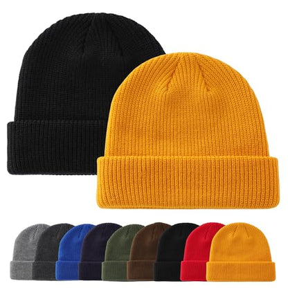 Connectyle 2 Pack Classic Cuffed Beanie Hat for Men & Women Warm Winter Knit Hat Thick Beanies Skull Cap Acrylic Watch Cap - color: Black+golden