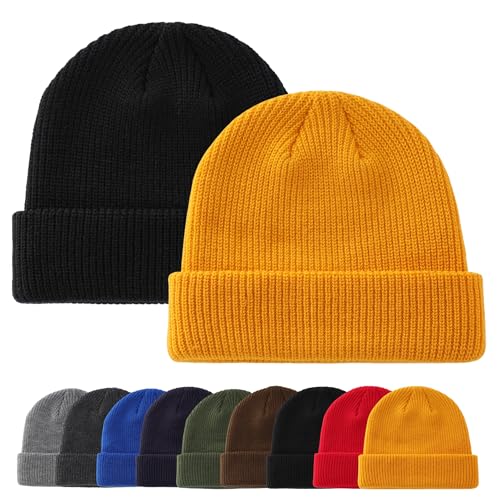 Connectyle 2 Pack Classic Cuffed Beanie Hat for Men & Women Warm Winter Knit Hat Thick Beanies Skull Cap Acrylic Watch Cap - color: Black+golden