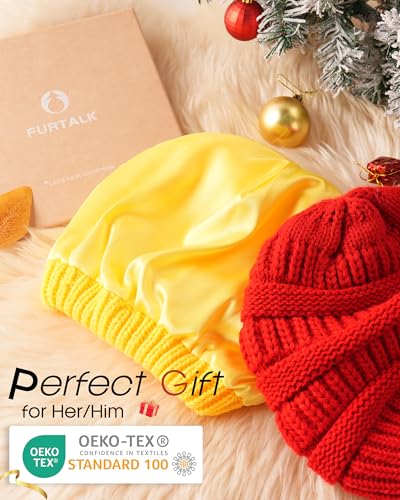 FURTALK Winter Beanie Hat for Women Satin Lined Cable Knit Chunky Slouchy Beanies Skull Warm Cap - color: Red