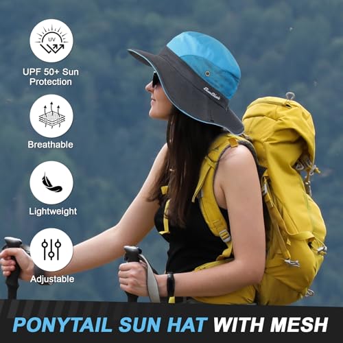 Womens Sun Hat with Ponytail Hole, UV Protection Foldable Beach Fishing Hat - color: Blue & Grey