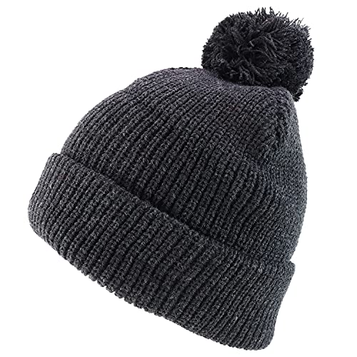 Trendy Apparel Shop XXL Oversized Solid Pom Pom Winter Ribbed Cuffed Beanie - color: Charcoal