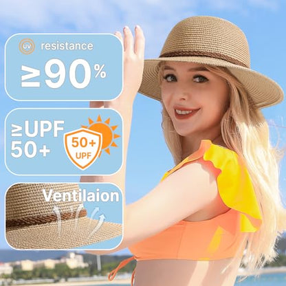 Tavaleu Beach Hat Foldable Wide Brim UV Protection for Women Summer Sun Hat - color: Khaki-6
