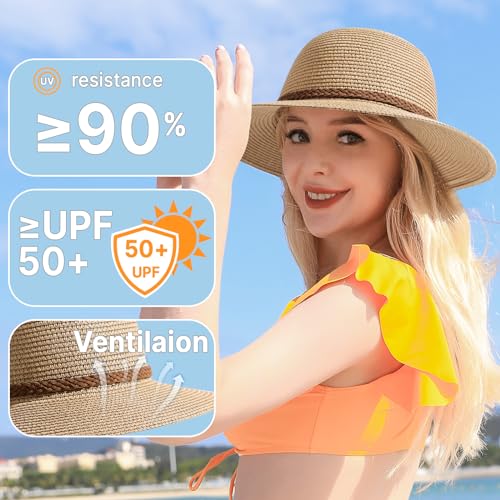 Tavaleu Beach Hat Foldable Wide Brim UV Protection for Women Summer Sun Hat - color: Khaki-6