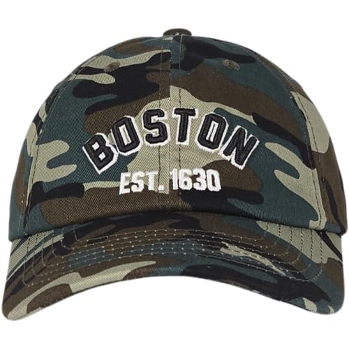 E BY ELIDAN Boston EST 1630 Dad Hat, Embroidered Cotton Baseball Cap - color: Camo Est 1630