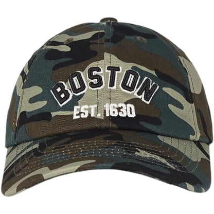 E BY ELIDAN Boston EST 1630 Dad Hat, Embroidered Cotton Baseball Cap - color: Camo Est 1630